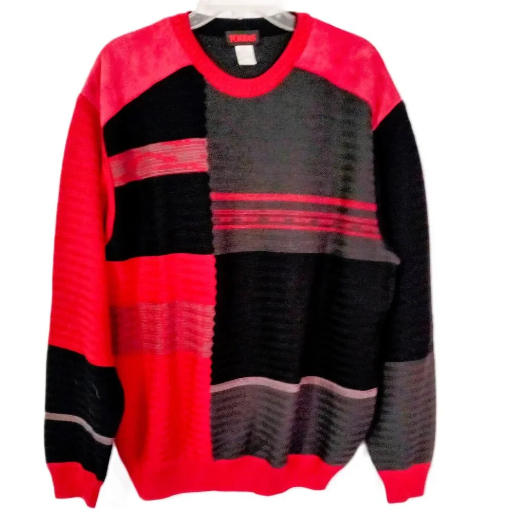 Vintage Torras Men's Red and Black Block Print Sweater Retro Wool Blend Size L - Picture 1 of 10